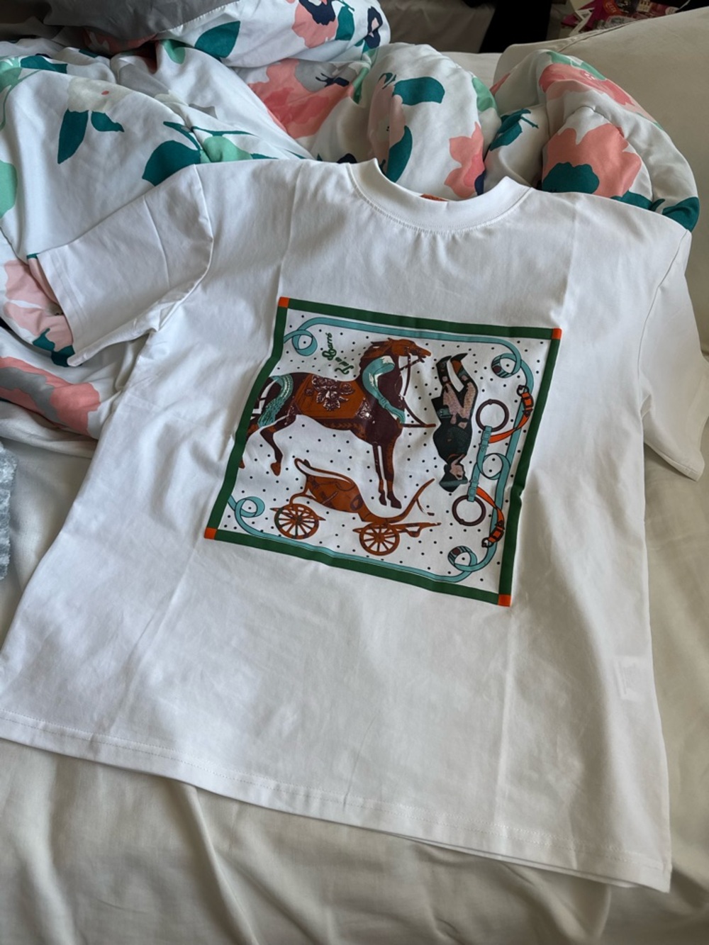 Hermes White Graphic Tee with Equestrian Print